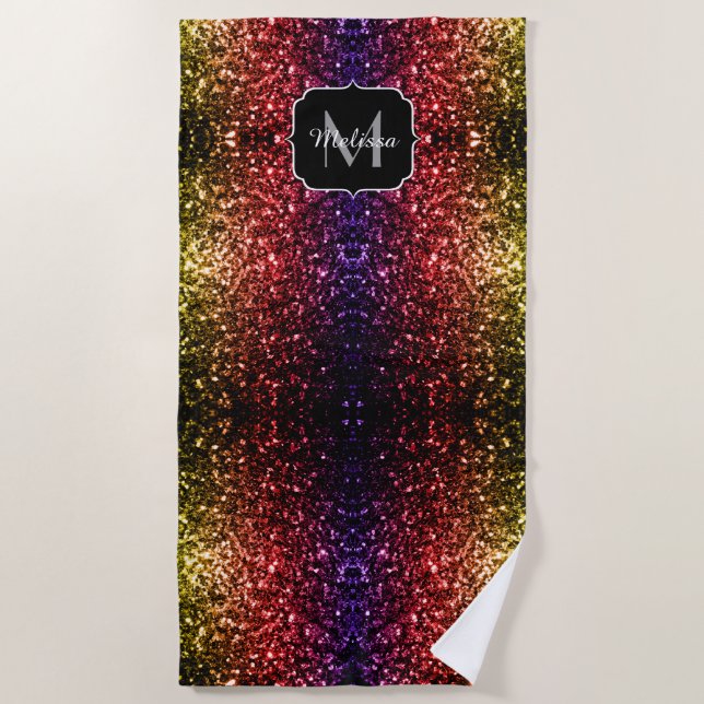 Rainbow yellow red purple sparkles Monogram Beach Towel (Front)
