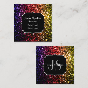 Rainbow yellow red purple sparkles Monogram Square Business Card