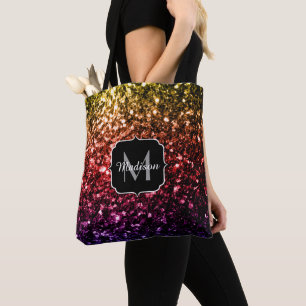 Rainbow yellow red purple sparkles Monogram Tote Bag