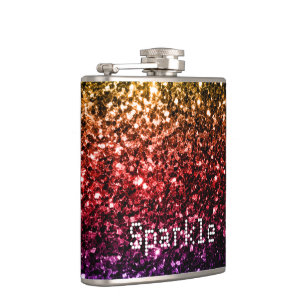 Rainbow yellow red purple sparkles Personalise Hip Flask