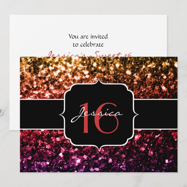 Rainbow yellow red purple sparkles Sweet 16 Invite (Front/Back)