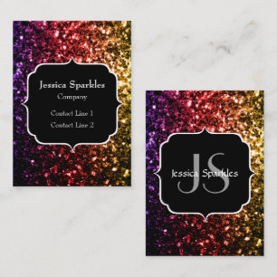 Rainbow yellow red purple sparkles with Monogram Business Card