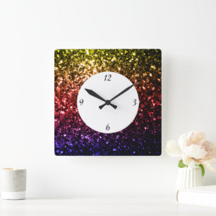 Rainbow yellow red purple sparkles with numbers square wall clock