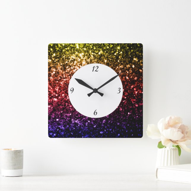 Rainbow yellow red purple sparkles with numbers square wall clock (Home)