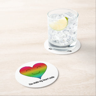 Rainbow you make my heart smile round paper coaster