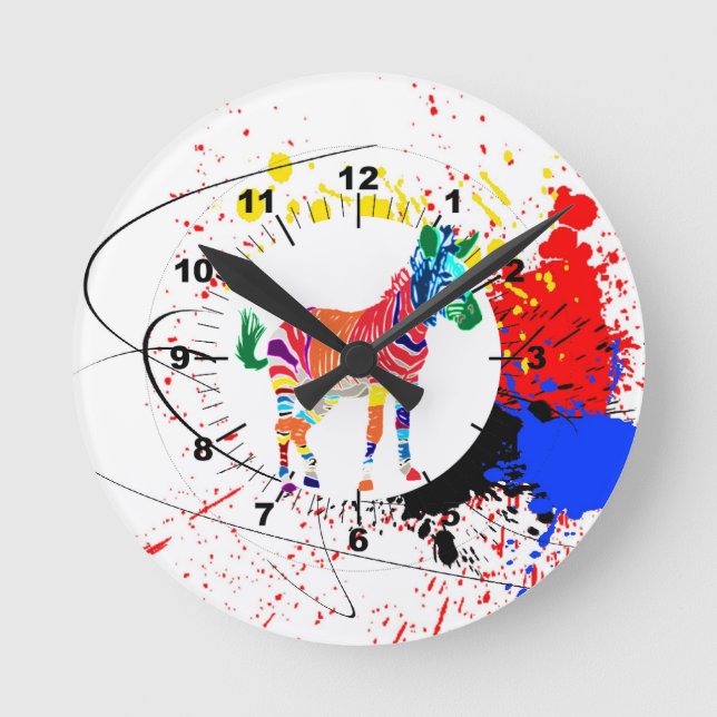 Rainbow Zebra Animals Monogrammed Pattern Party Round Clock (Front)