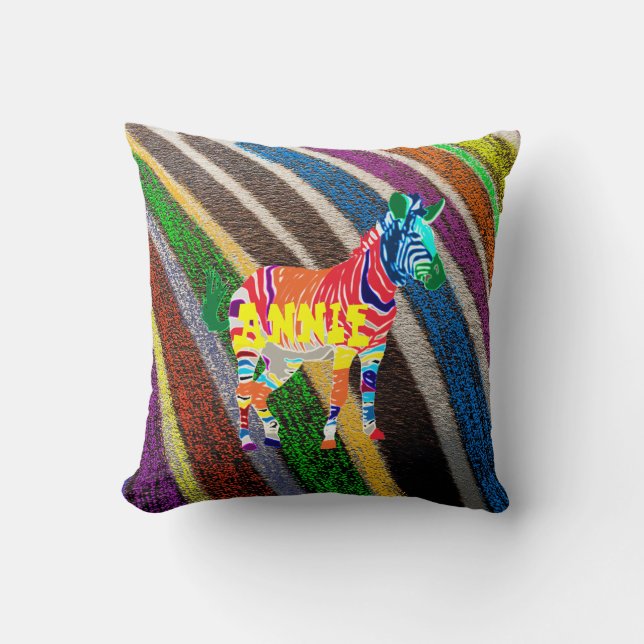 Rainbow Zebra Destiny Personalised Name Monogram Cushion (Front)