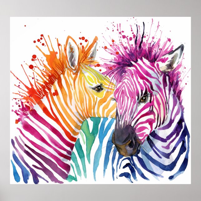 Rainbow zebra, watercolor wild illustration. poster (Front)
