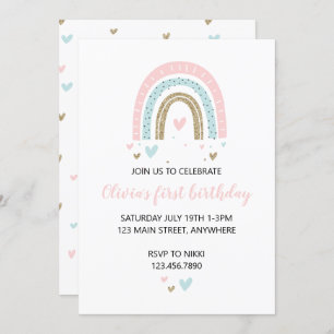 Rainbows and Hearts First Birthday Invite Pastel