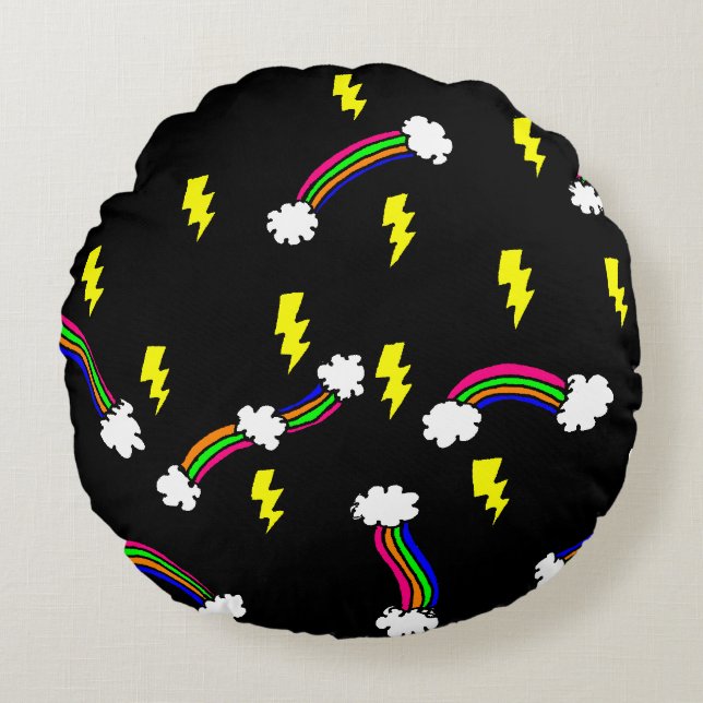 Rainbows And Lightning Bolts Doodle Print Round Cushion (Front)