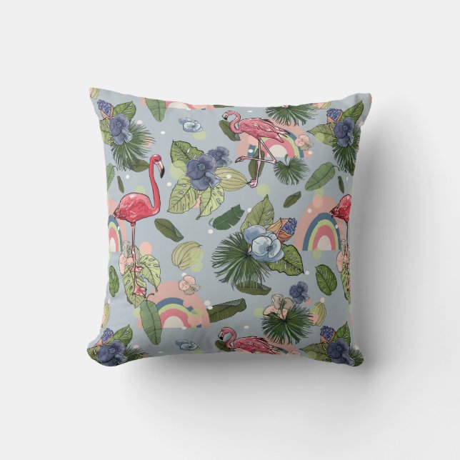 Rainbows and pink flamingos in tropical leaves and cushion (Front)