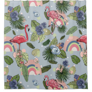 Rainbows and pink flamingos in tropical leaves and shower curtain