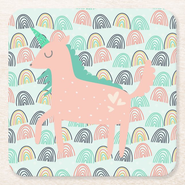 Rainbows and Unicorns Square Paper Coaster (Front)