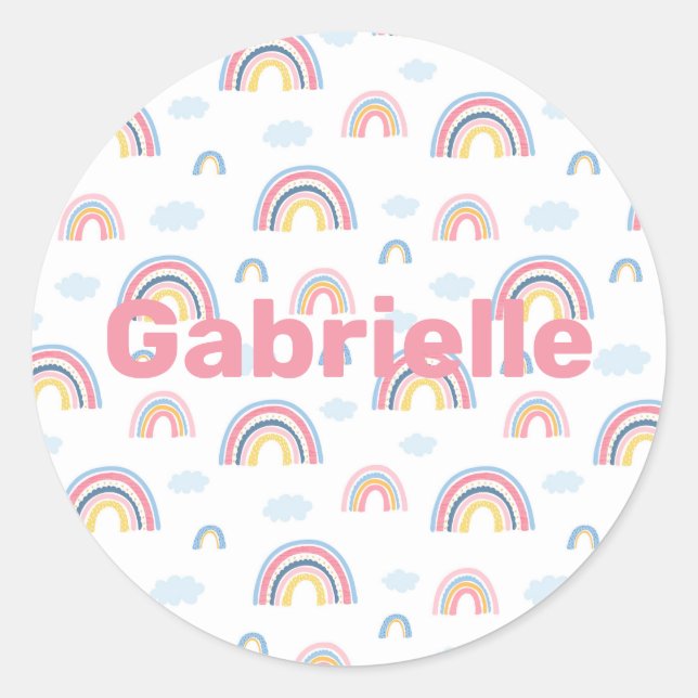 Rainbows Boho Pink Blue Yellow Fun Girly Name Classic Round Sticker (Front)