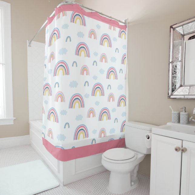 Rainbows Boho Pink Blue Yellow Fun Girly Shower Curtain (In Situ)
