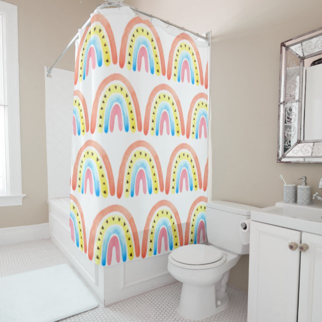 Rainbows Boho Pink Yellow Hearts Name  Shower Curtain (In Situ)