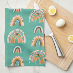 Rainbows hand drawn doodle style Boho Scandi Tea Towel