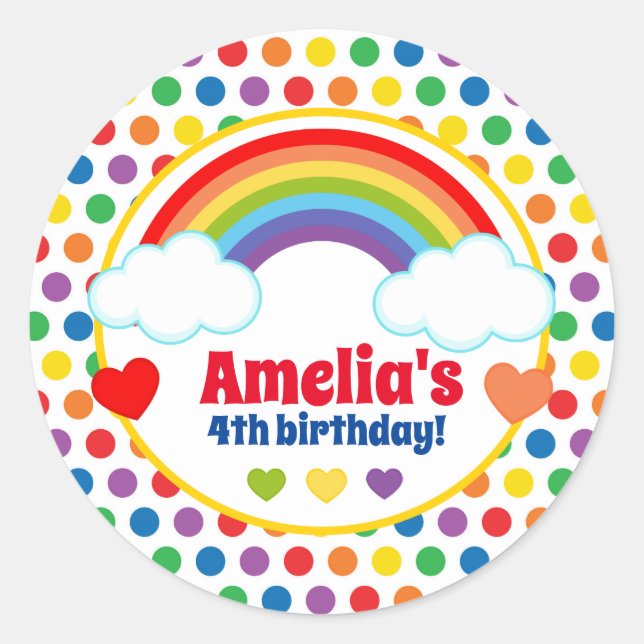 Rainbows Hearts and Dots Girls Birthday Classic Round Sticker (Front)