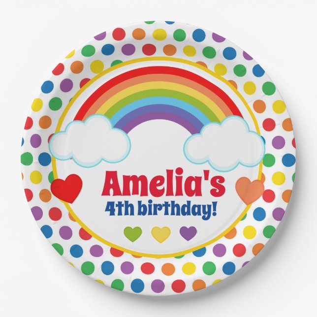 Rainbows Hearts and Dots Girls Paper Plate (Front)