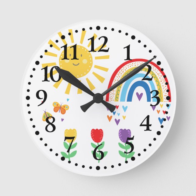 Rainbows, Sunshine, Butterflies, Tulips Kids Round Clock (Front)