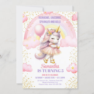 Rainbows, Unicorns, Sparkles and Gold birthday Invitation