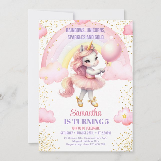 Rainbows Unicorns Sparkles and Gold birthday Invitation (Front)
