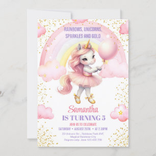 Rainbows Unicorns Sparkles and Gold birthday Invitation