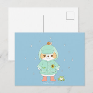 Raincoat Mochi on a Rainy Day with Frog and Snail Postcard