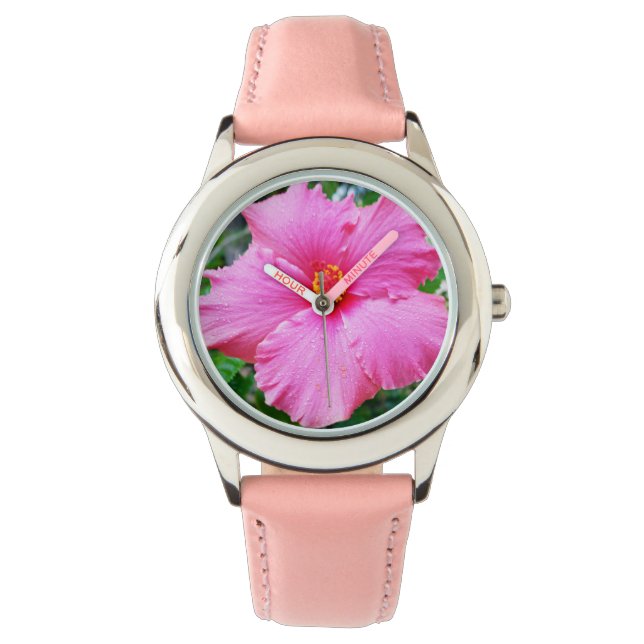 "Raindrop Petals: Pink Hibiscus in Gentle Shower" Watch (Front)