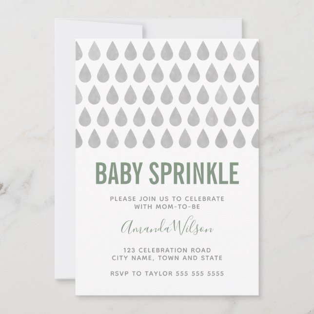 Raindrop Sage Green Grey Watercolor Baby Sprinkle Invitation (Front)