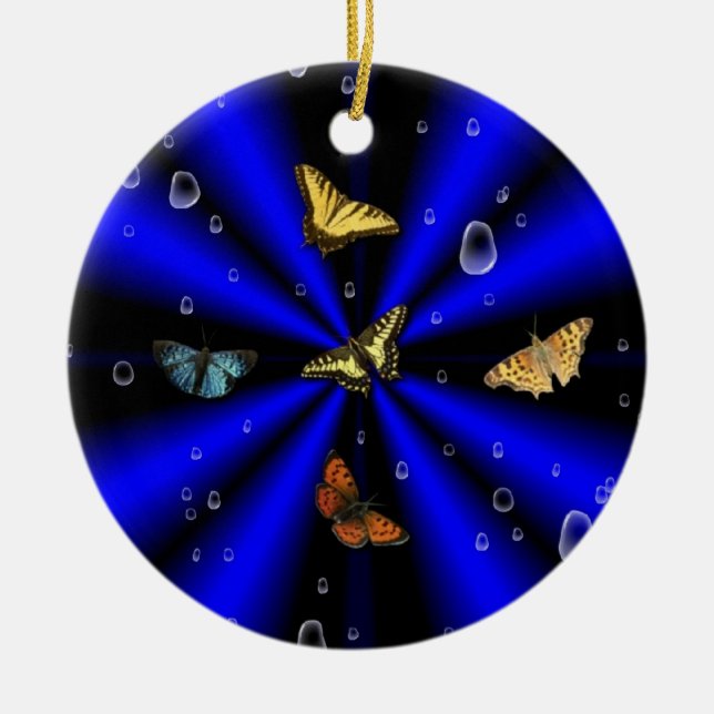 Raindrops and Butterfly on black and blue Ceramic Ornament (Front)