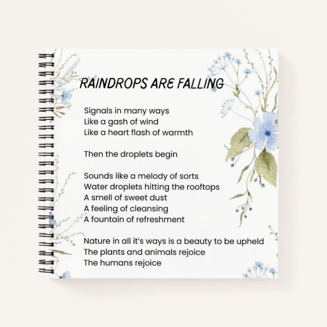 Raindrops are falling poem poetry  notebook (Front)
