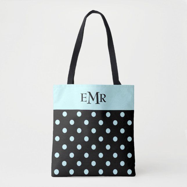 Raindrops Blue Polka Dots on Black Monogram Tote Bag (Front)