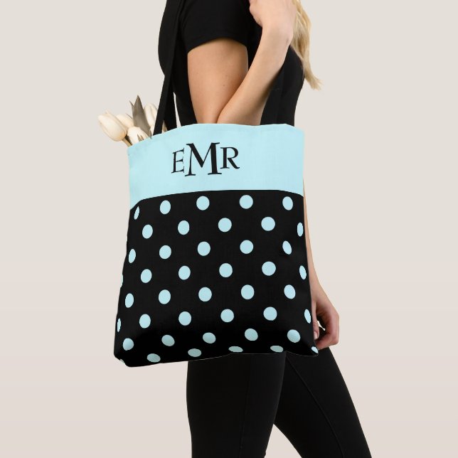 Raindrops Blue Polka Dots on Black Monogram Tote Bag (Close Up)