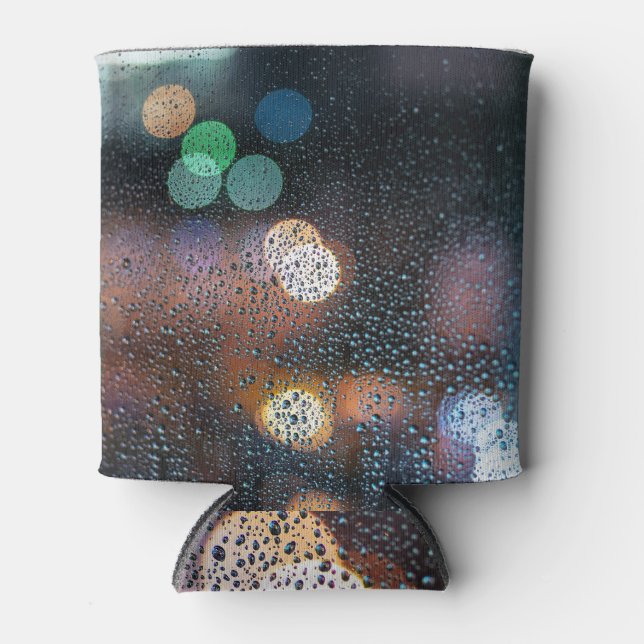 Raindrops, night city: window view. can cooler (Front)