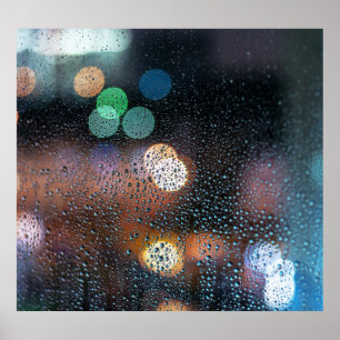 Raindrops, night city: window view. poster