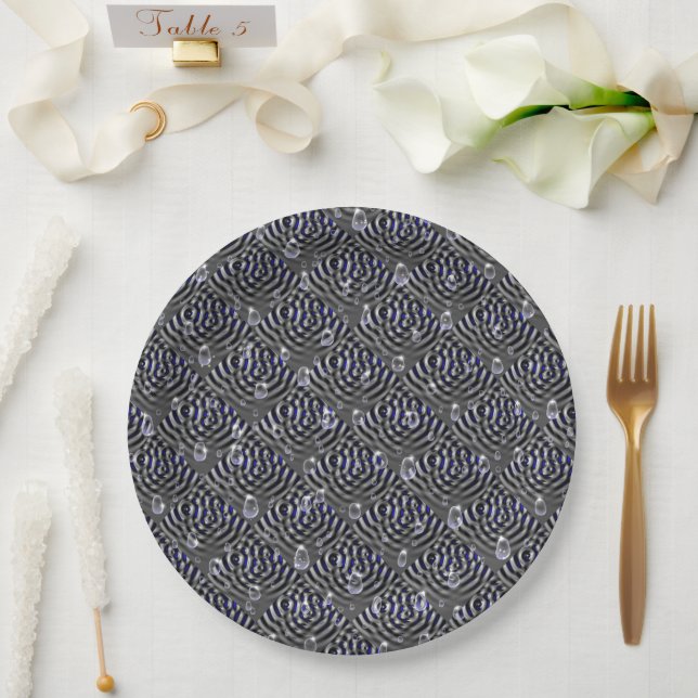 Raindrops on blue grey Metal Paper Plate (Wedding)
