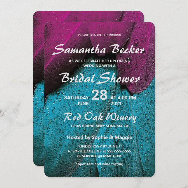 Raindrops on Colourful Feathers Bridal Shower Invitation (Front/Back)
