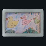 Raindrops on Ducklings Belt Buckle<br><div class="desc">Take a walk down to the pond on a rainy spring day and you will be delighted to see cute little ducklings swimming among the colorful blue raindrops. The green frog sits on his lily pad enjoying the April shower and the pretty pink waterlily opens its petals to capture the...</div>