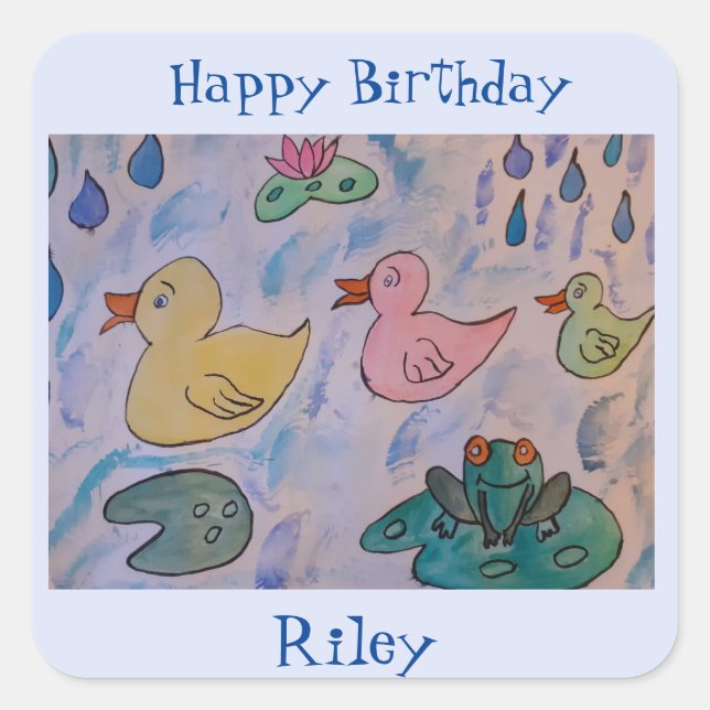 Raindrops on Ducklings Birthday Square Sticker (Front)