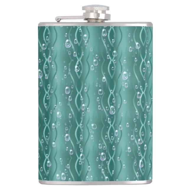 Raindrops on green Metal Hip Flask (Front)