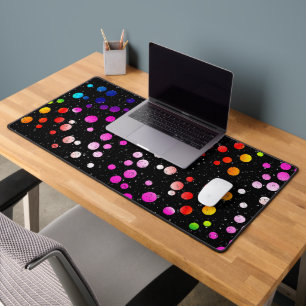 Raindrops On Neon Dots On Black Desk Mat