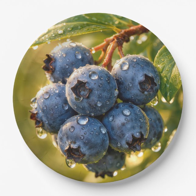 Raindrops on Ripe Blueberries Paper Plate (Front)
