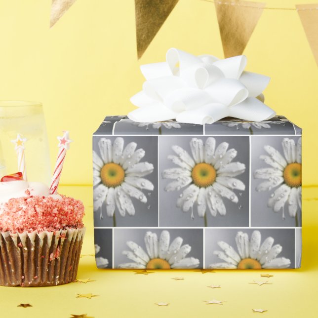 Raindrops On White Daisies Wrapping Paper (Birthday Party)