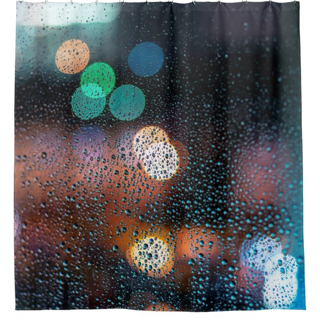 Raindrops on window, night city view through windo shower curtain (Front)