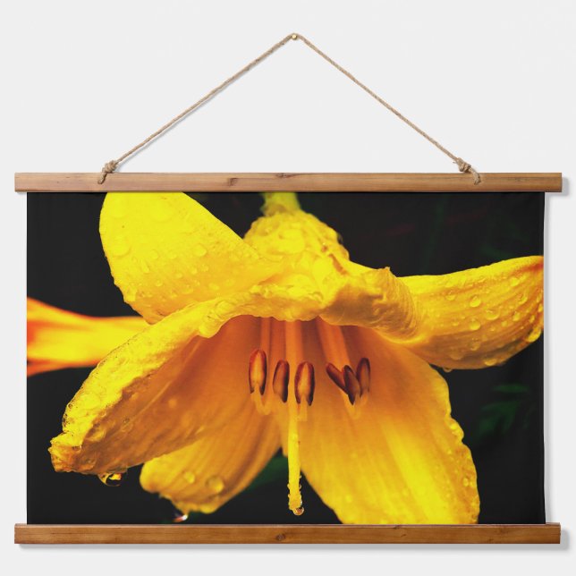 Raindrops on Yellow Lily Hanging Tapestry (Front)