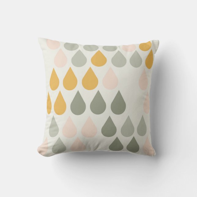 Raindrops Pastel Print Pink Sage Green Mustard Cushion (Front)
