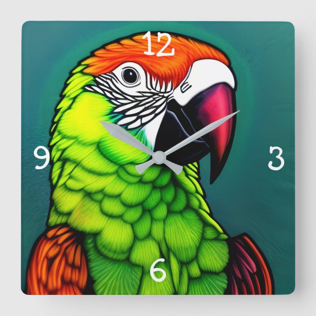 Rainforest Beauty:  Exotic Wild Parrot Square Wall Clock (Front)