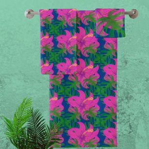 Rainforest Dreams Hibiscus Green Blue Hot Pink Bath Towel Set