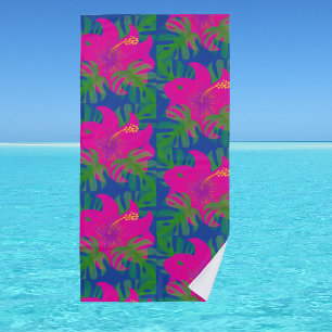 Rainforest Dreams Hibiscus Green Blue Hot Pink Beach Towel
